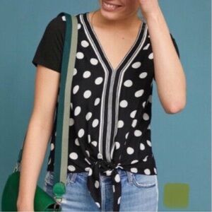 Anthropologie Akemi + Kin Polka Dot Blouse Black Small Women V-Neckline Tie Knot